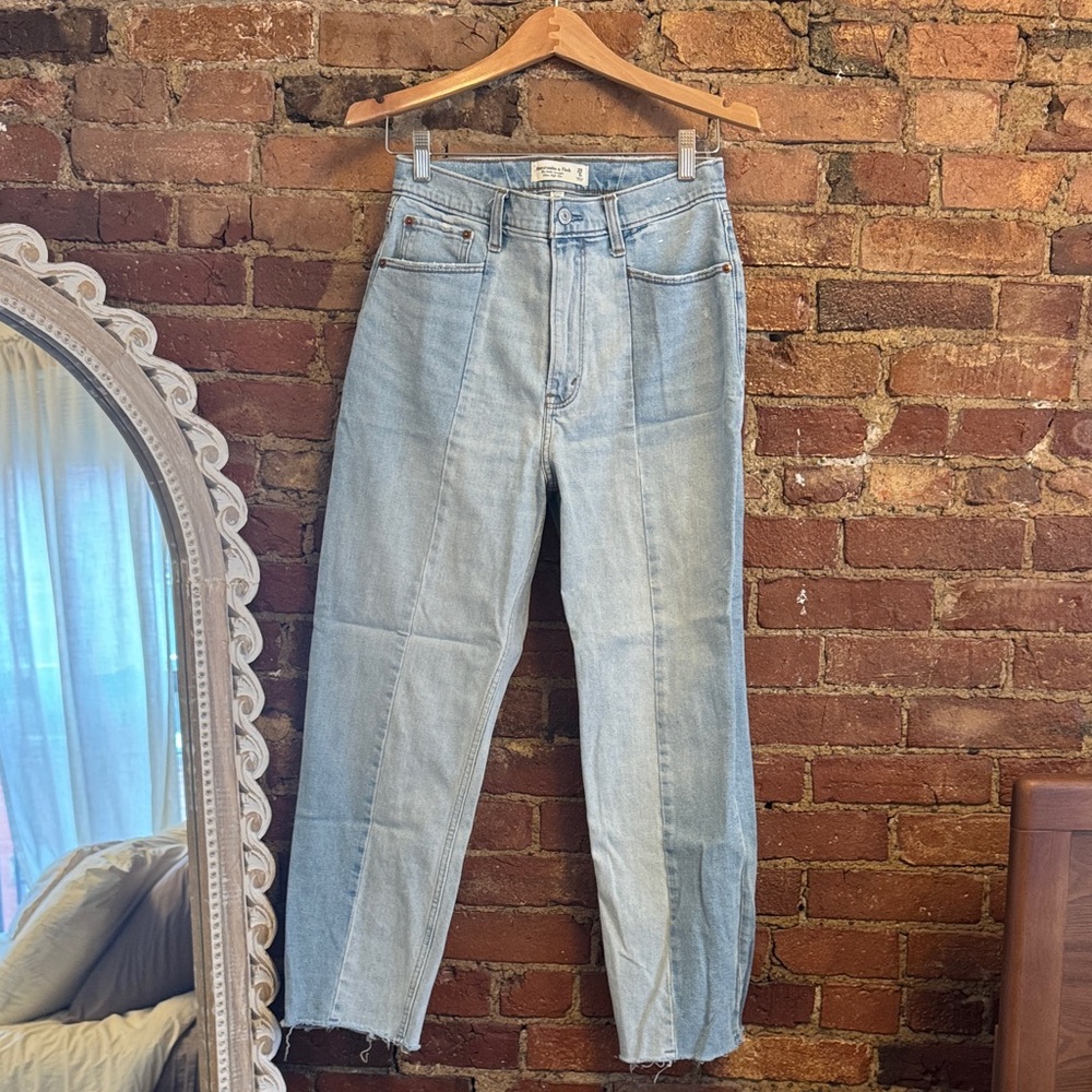 Abercrombie Curve Love Ankle Straight Ultra High Rise Jeans Split Blue Color